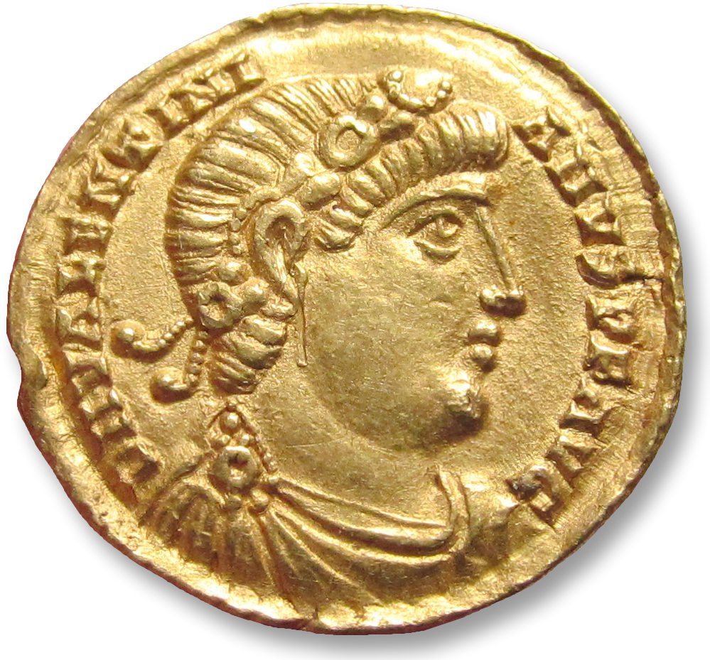 罗马帝国. 瓦伦蒂尼安一世 （公元 364-375）. Solidus Treveri (Trier) mint 373-375 A.D. - Ex Schulman 1968, auction 248, with old collector ticket #2.1