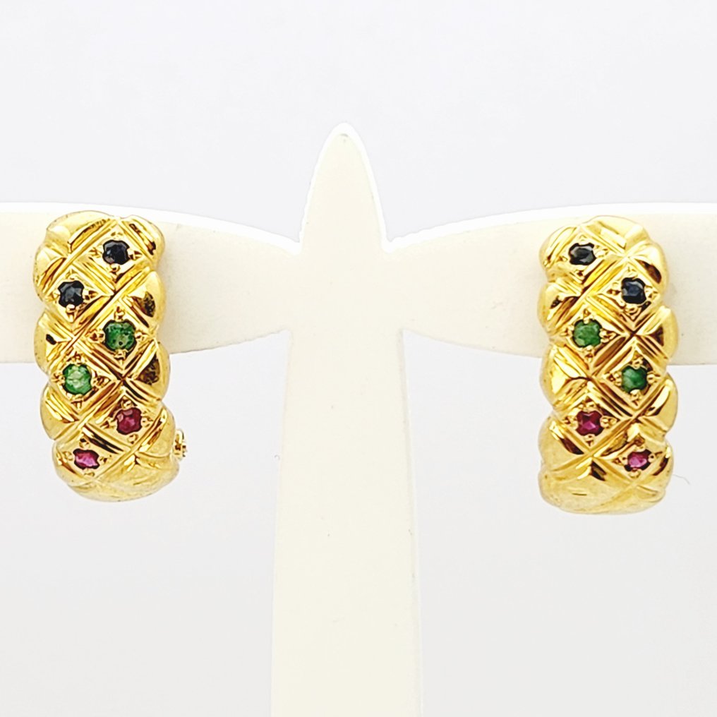 Earrings - 18 kt. Yellow gold -  0.30ct. tw. Emerald - Sapphire #1.1