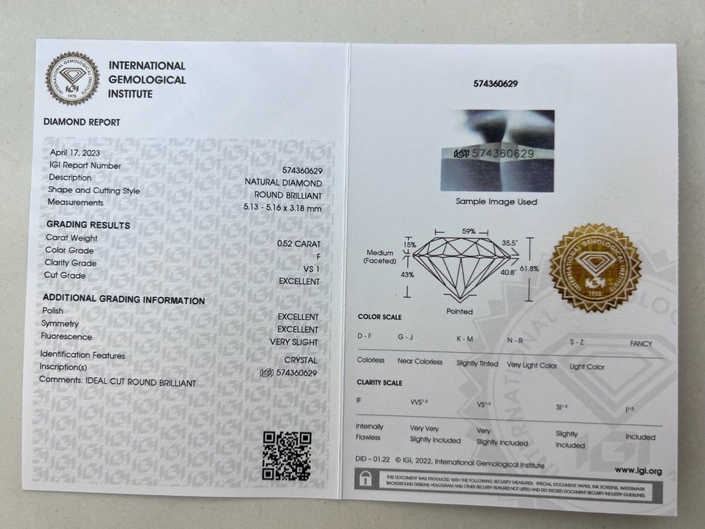 1 pcs Diamond  (Natural)  - 0.52 ct - Round - F - VS1 - International Gemological Institute (IGI) #2.2