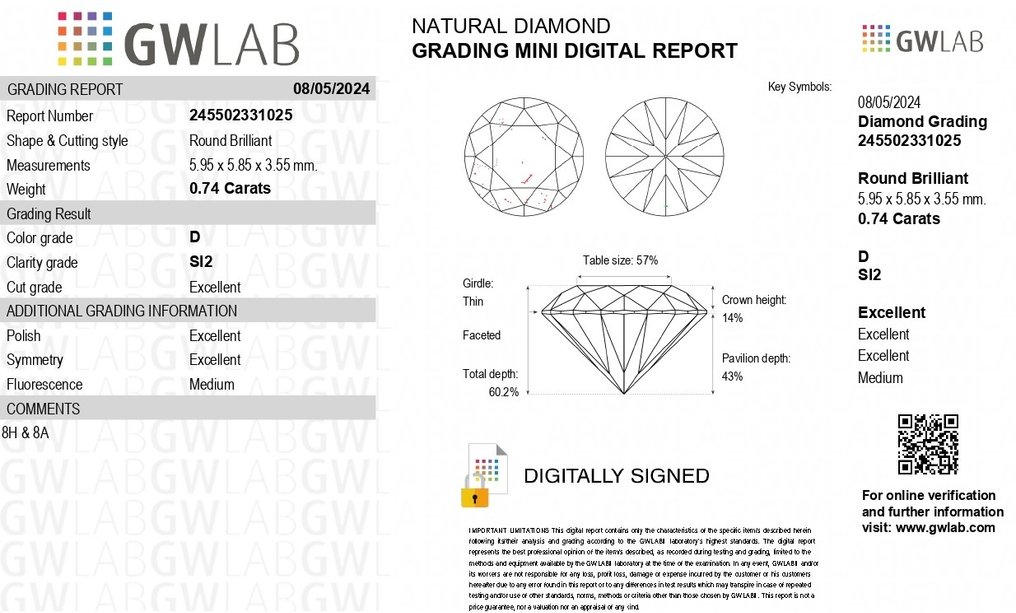 1 pcs Diamante  (Naturale)  - 0.74 ct - Rotondo - D (incolore) - SI2 - Gemewizard Gemological Laboratory (GWLab) #3.2