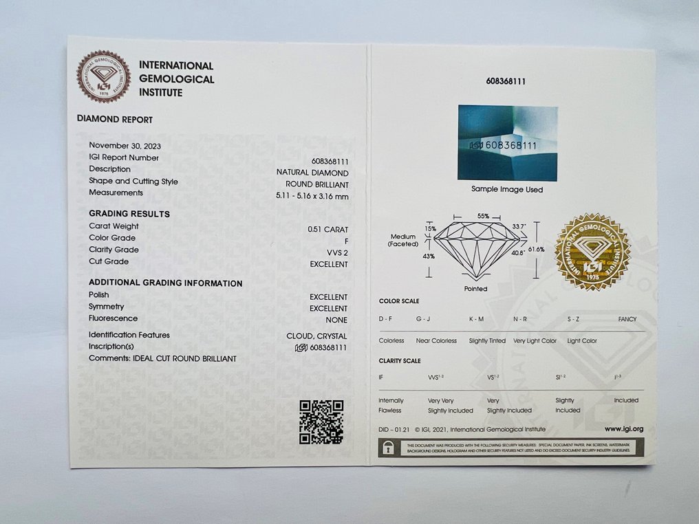 1 pcs Diamant  (Natural)  - 0.51 ct - F - VVS2 - International Gemological Institute (IGI) - 3ex Inget Idealsnitt #2.1
