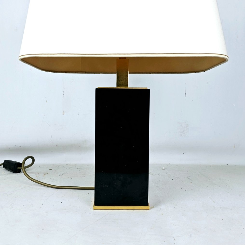 Exceptionally rare black onyx marble desk lamp Approx. 1960 - Lampe de bureau - Bronze, Marbre, Plaqué or, Textile #2.1
