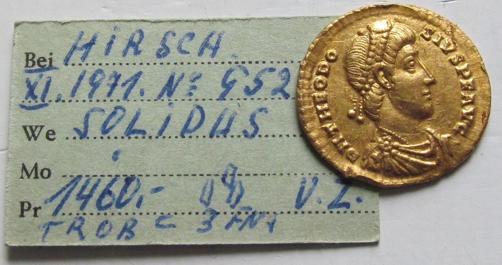Imperio romano. Teodosio I (379-395 e. c.). Solidus Treveri (Trier) mint - rare - Ex Auktion Hirsch 75, 1971, 952, with old collector ticket #2.1