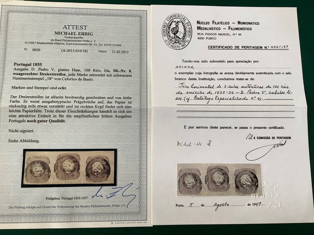 Portugalia 1855 - 100 Reis Pedro V în fâșie de 3 - cu 2 certificate foto - Mundifil 9 #2.2