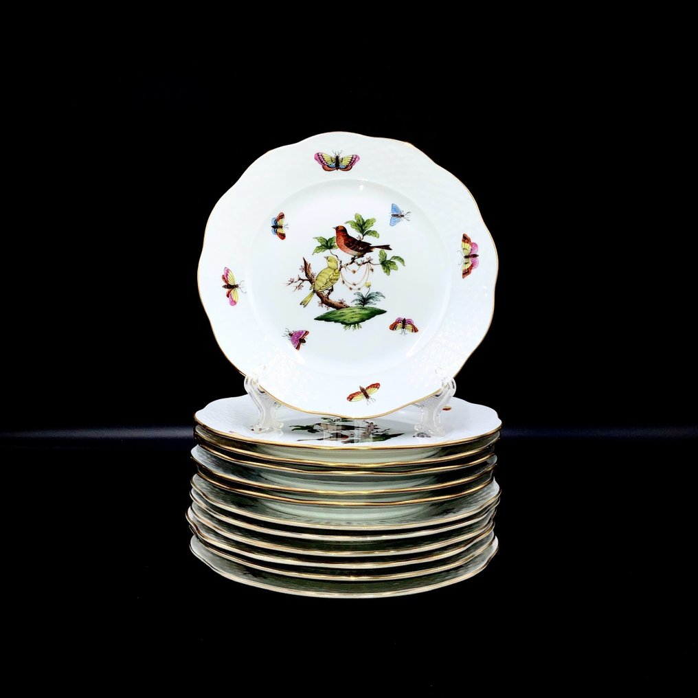Herend - Exquisite Set of 12 Plates (19 cm) - "Rothschild Bird" Pattern - Lautanen - Käsinmaalattua posliinia #1.1