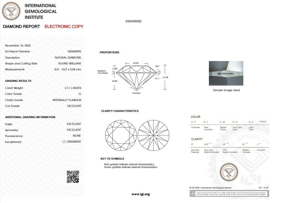 1 pcs Diamante  (Naturale)  - 2.11 ct - Rotondo - G - IF - International Gemological Institute (IGI) - Ex Ex Ex Nessuno #3.1