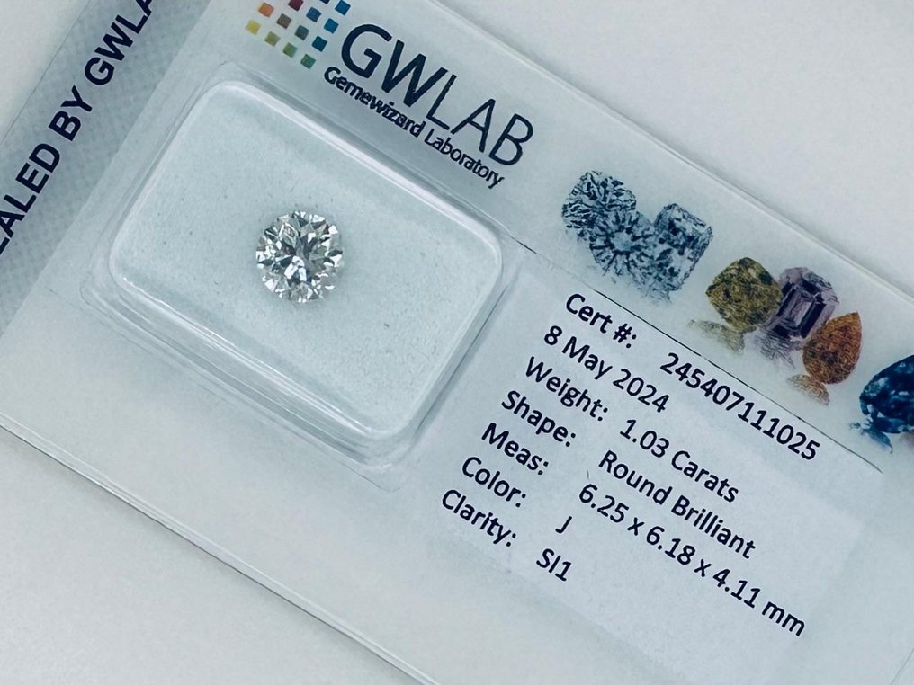 1 pcs Diamante  (Natural)  - 1.03 ct - Redondo - J - SI1 - Gemewizard Gemological Laboratory (GWLab) #2.1