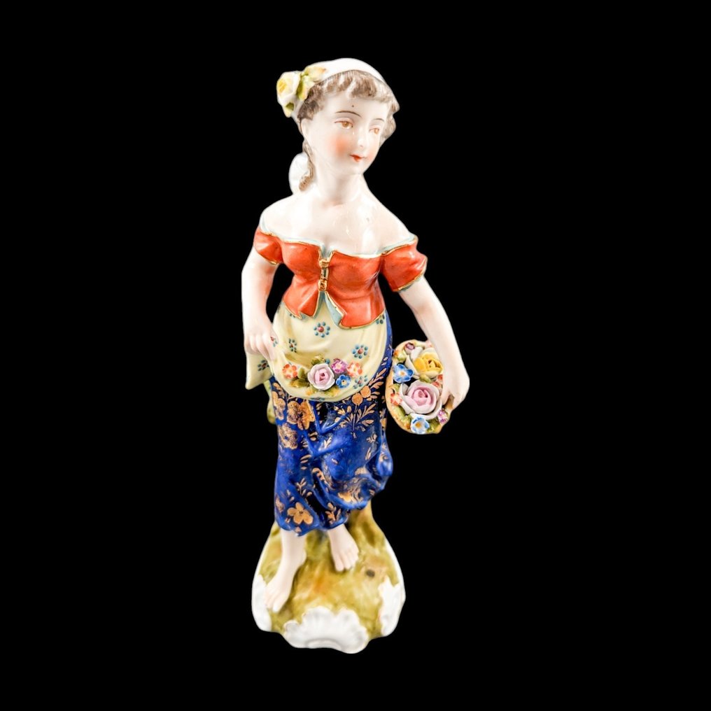 Sitzendorf - Tall figurine of peasant flower seller - Statuette - Young woman carrying flowers - Porcelæn #2.1