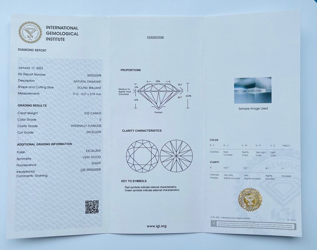 1 pcs Diamond  (Natural)  - 3.02 ct - Round - E - IF - International Gemological Institute (IGI) #3.1