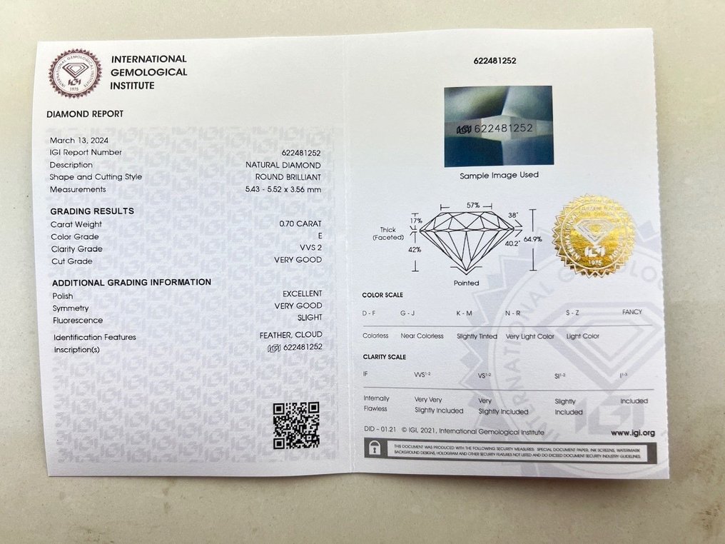 1 pcs 鑽石  (天然)  - 0.70 ct - 圓形 - E(近乎完全無色) - VVS2 - 國際寶石學院（International Gemological Institute (IGI)） #2.1