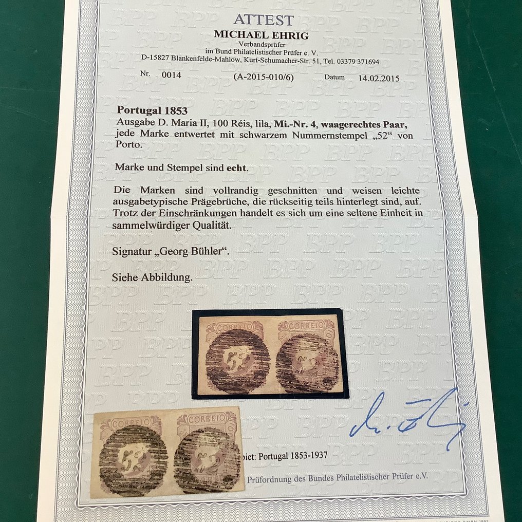 Portugal 1853 - 100 Reis Maria II in pair - with photo certificate Ehrig - Mundifil 4 #3.1