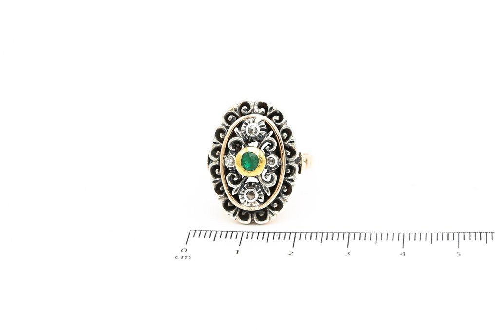 Ring - 14 kt. Silver, Yellow gold Emerald - Diamond #2.2