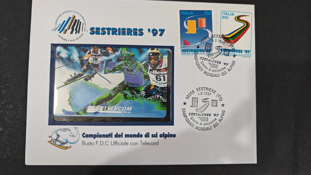 Coleção de cartões telefónicos - Envelope do Campeonato Mundial de Esqui com Telecard, F.D.C. Sestriere 1997 "Bolaffi" - Telecom Italia #1.1