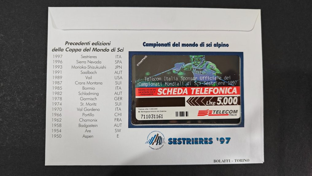 Colección de tarjetas telefónicas - Sobre del Campeonato Mundial de Esquí con Telecard, F.D.C. Sestriere 1997 "Bolaffi" - Telecom Italia #2.2