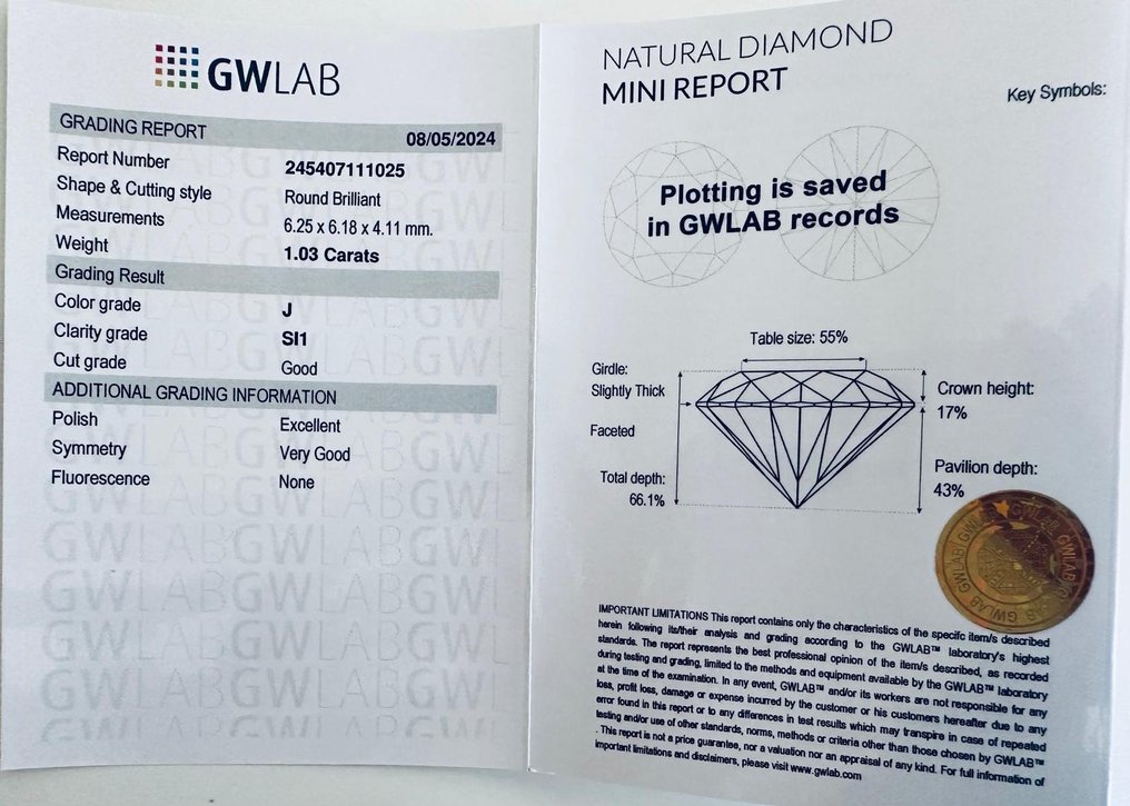 1 pcs Diamante  (Natural)  - 1.03 ct - Redondo - J - SI1 - Gemewizard Gemological Laboratory (GWLab) #3.1