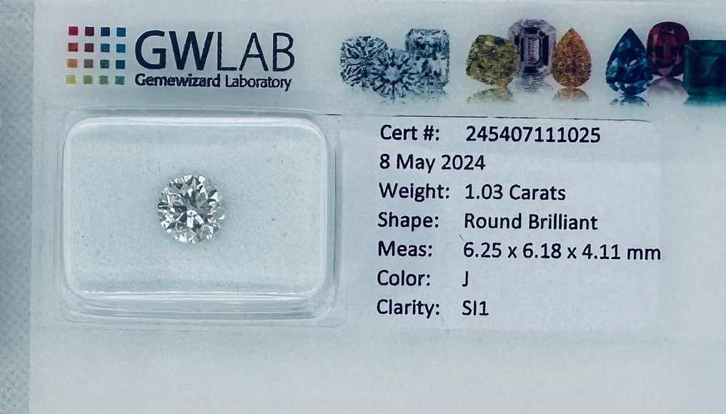 1 pcs Diamante  (Natural)  - 1.03 ct - Redondo - J - SI1 - Gemewizard Gemological Laboratory (GWLab) #3.2