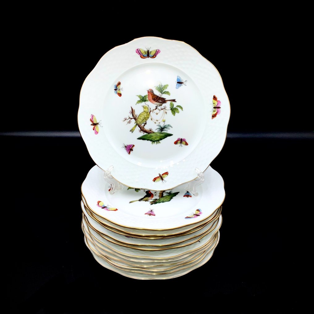 Herend - Exquisite Set of 12 Plates (19 cm) - "Rothschild Bird" Pattern - Piatto piano - Porcellana dipinta a mano #1.2
