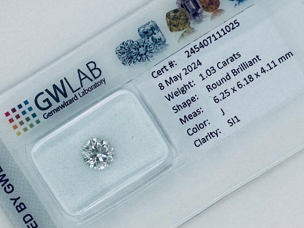 1 pcs Diamante  (Natural)  - 1.03 ct - Redondo - J - SI1 - Gemewizard Gemological Laboratory (GWLab) #2.2