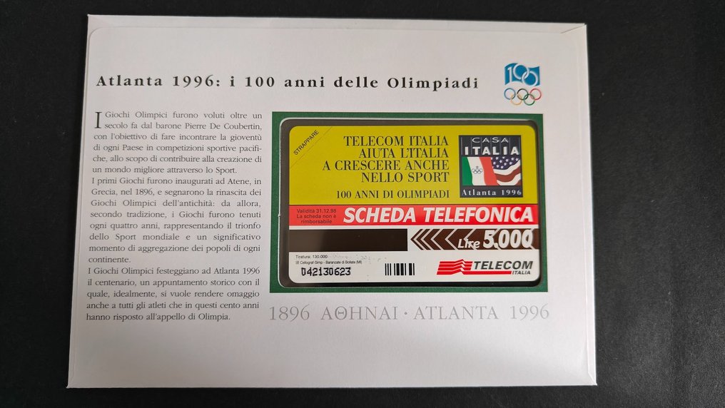 Colecție de cartele telefonice - Plic Telecard Atlanta 1996 „O sută de ani de la Olimpiada” F.D.C. certificat Bolaffi - Telecom Italia #2.2