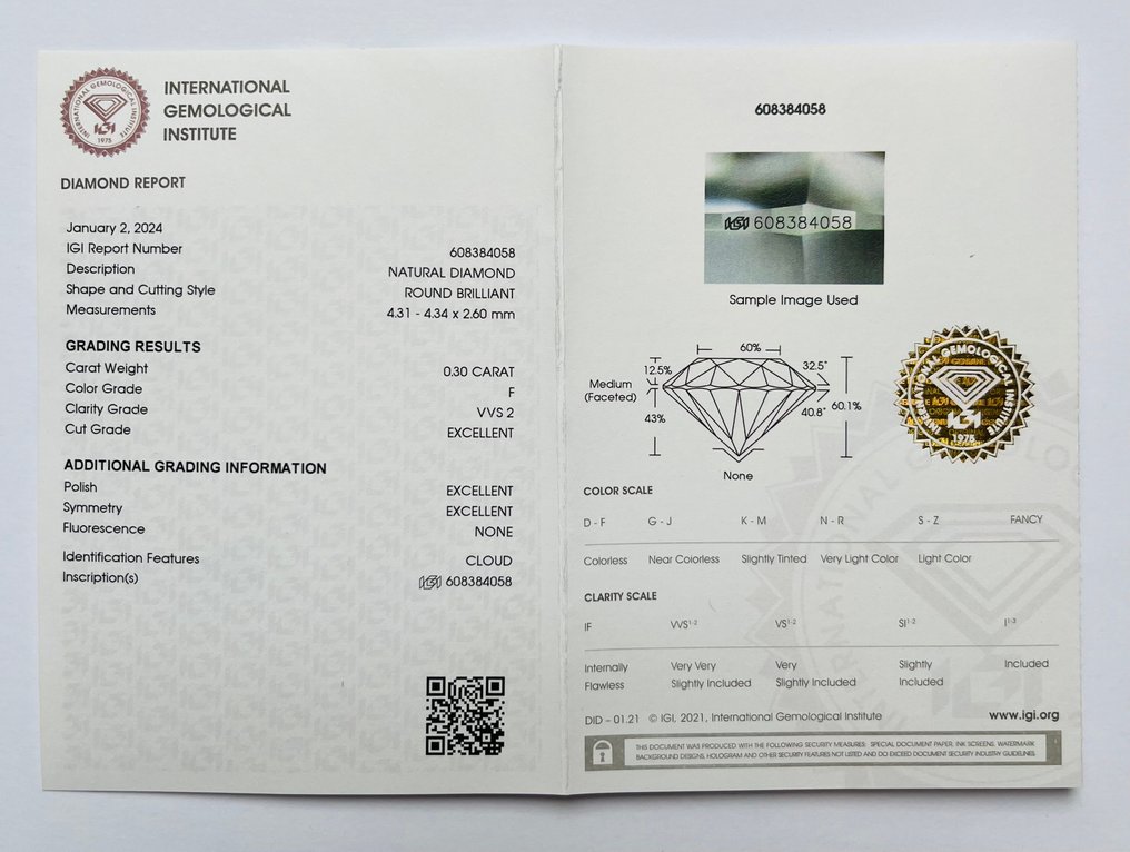 1 pcs Diamant  (Natur)  - 0.30 ct - Rund - F - VVS2 - International Gemological Institute (IGI) - Ex Ex Ex Ingen #2.1