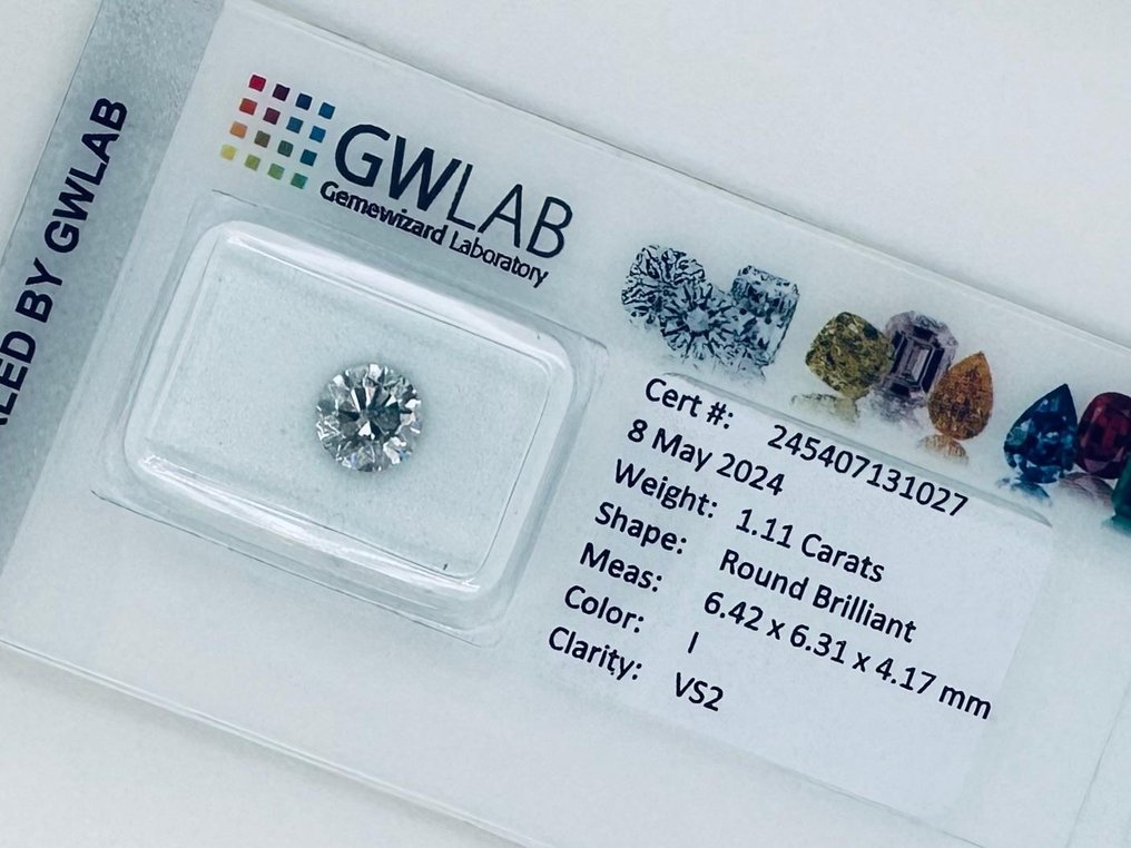 1 pcs Diamond  (Natural)  - 1.11 ct - Round - I - VS2 - Gemewizard Gemological Laboratory (GWLab) #2.2