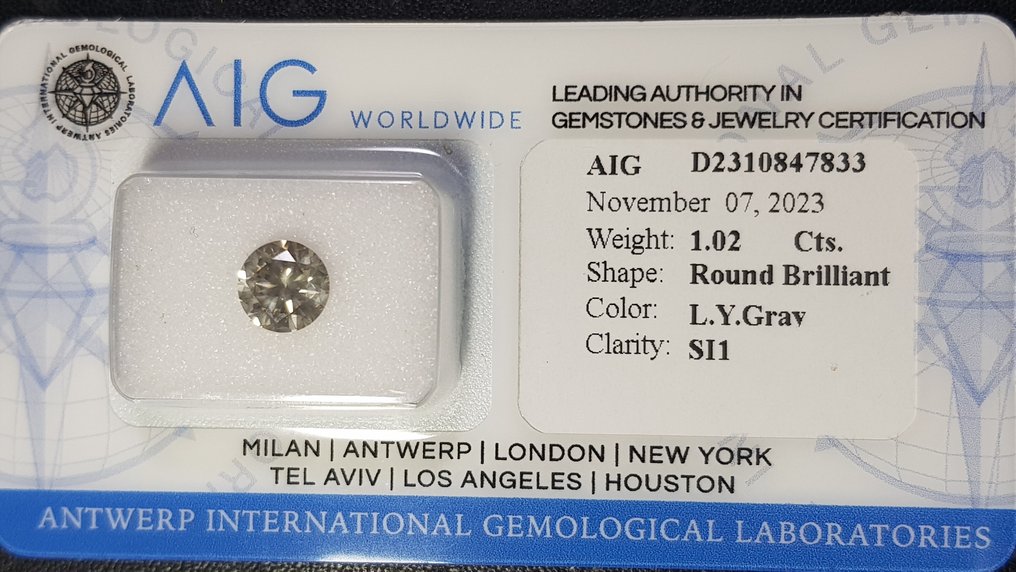 1 pcs Diamant  (Natürlich farbig)  - 1.02 ct - Rund - Fancy light Gelblich Grau - SI1 - Antwerp International Gemological Laboratories (AIG Israel) #2.1