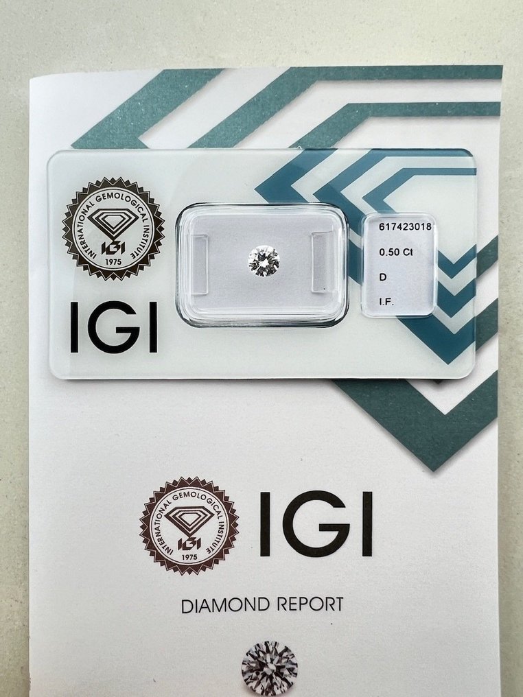 1 pcs Diamond  (Natural)  - 0.50 ct - Round - D (colourless) - IF - International Gemological Institute (IGI) #1.2