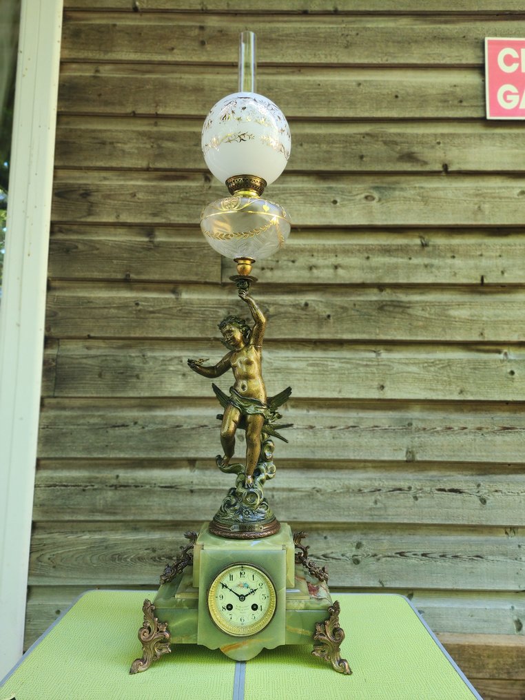 Pendulum clock - " Beaux Jours" by "Rancoulet" -   Marble, Spelter, Crytal, Glass - ca.1900 - Mechanical Clock+Oil Lamp #1.1