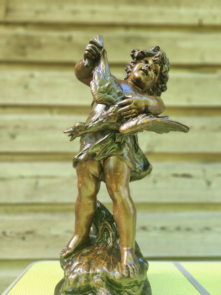 Auguste Moreau (1834-1917) - 雕塑, L'Enfant au Canard - 42 cm - 粗锌 #1.1