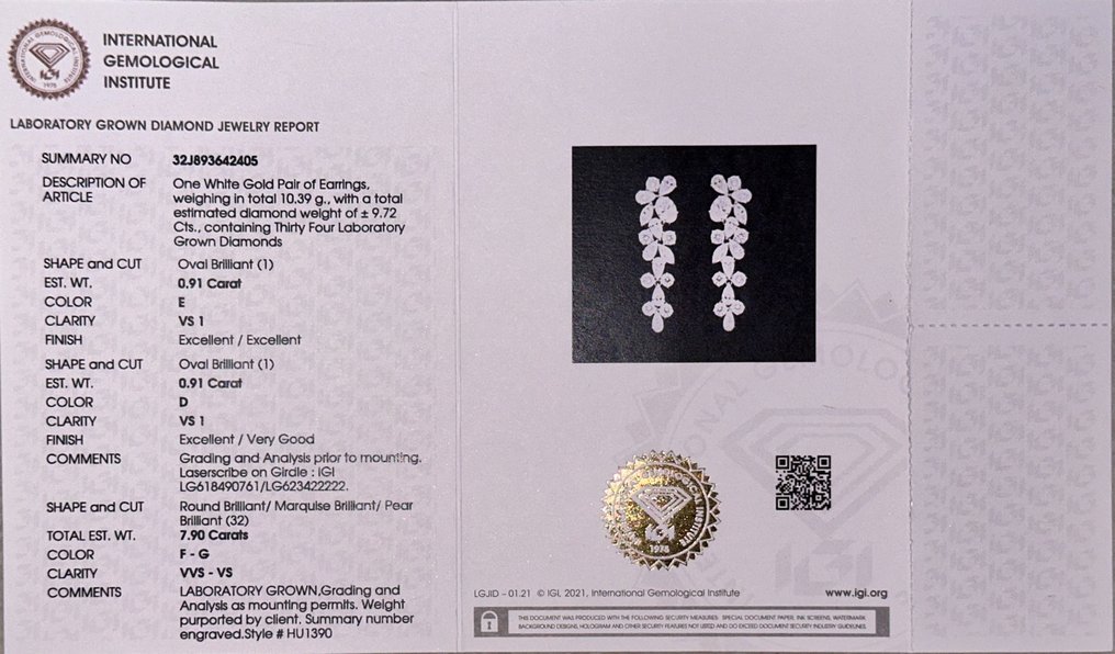 Cercei - 14 ct. Aur alb -  9.72ct. tw. Diamant  (Cultivat în laborator) - Cercei certificati IGI #2.1