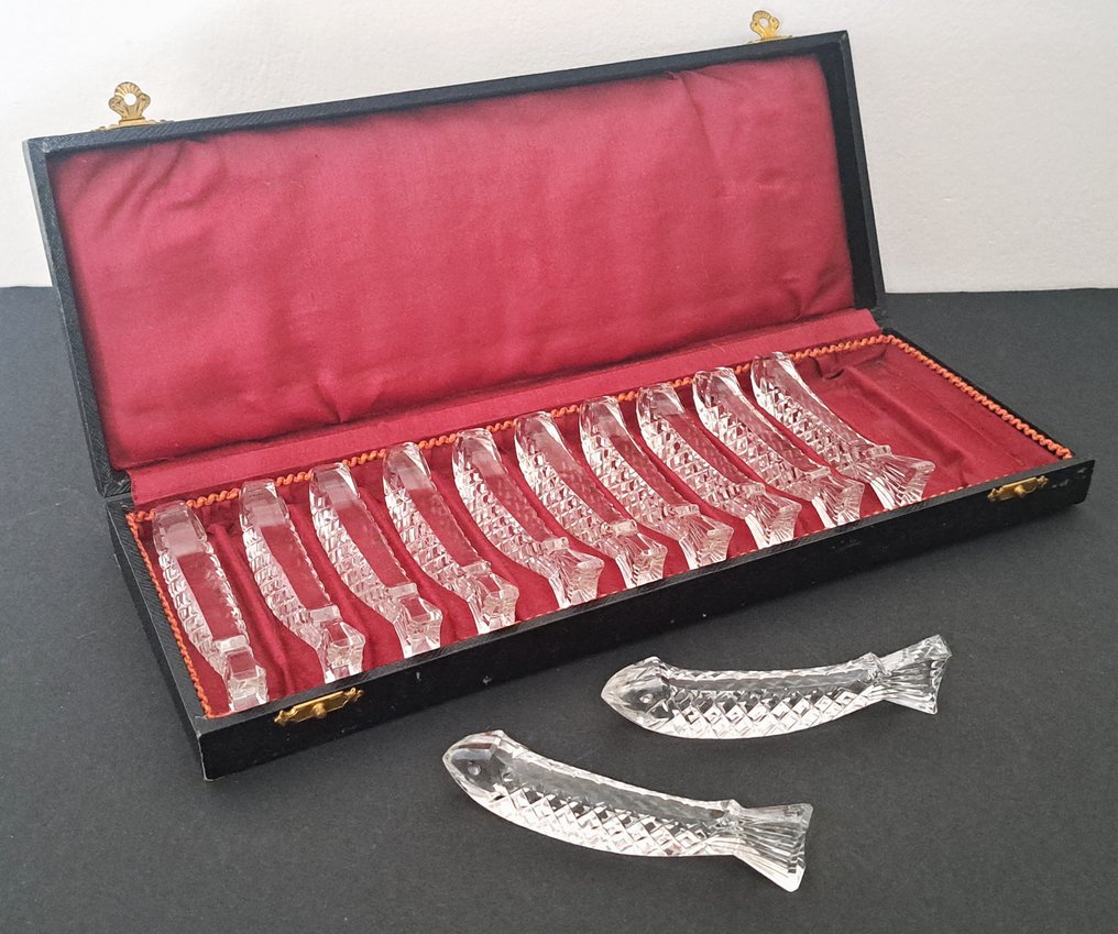 Stojak na noże (12) - Unieke Art Deco kristallen messenleggers in de vorm v/e vis, in originele etui - Kryształ #1.1