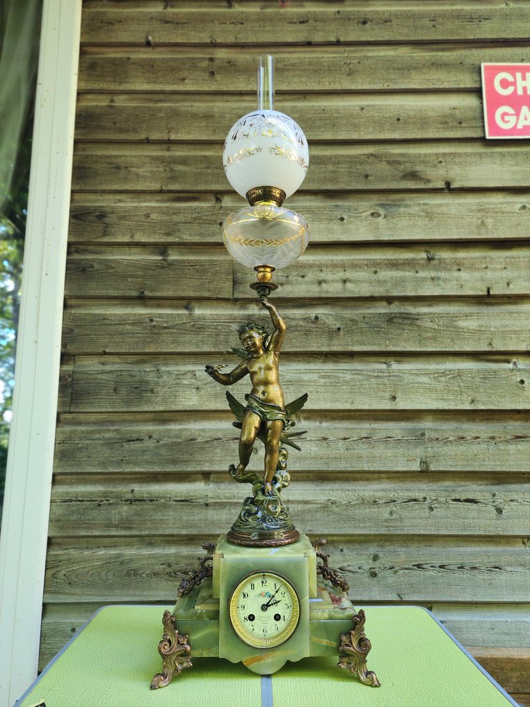Pendulum clock - " Beaux Jours" by "Rancoulet" -   Marble, Spelter, Crytal, Glass - ca.1900 - Mechanical Clock+Oil Lamp #2.1