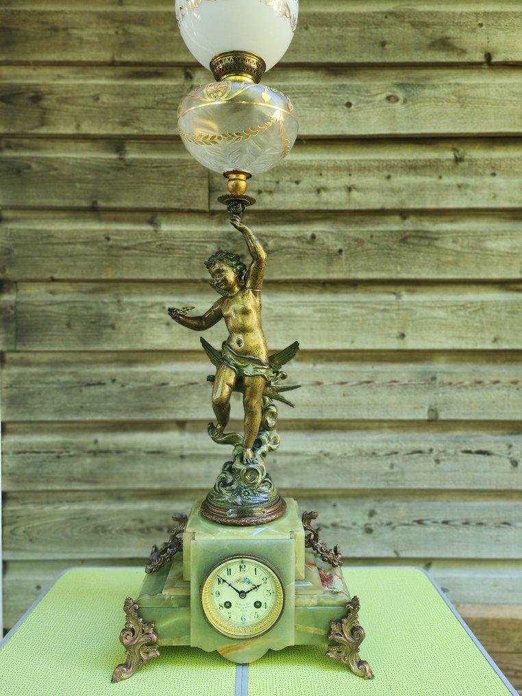 Pendulum clock - " Beaux Jours" by "Rancoulet" -   Marble, Spelter, Crytal, Glass - ca.1900 - Mechanical Clock+Oil Lamp #1.2