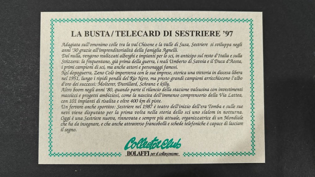 Coleção de cartões telefónicos - Envelope do Campeonato Mundial de Esqui com Telecard, F.D.C. Sestriere 1997 "Bolaffi" - Telecom Italia #3.1