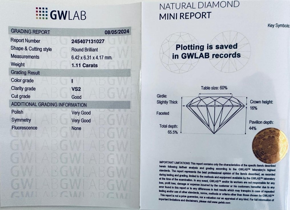 1 pcs Diamond  (Natural)  - 1.11 ct - Round - I - VS2 - Gemewizard Gemological Laboratory (GWLab) #3.1