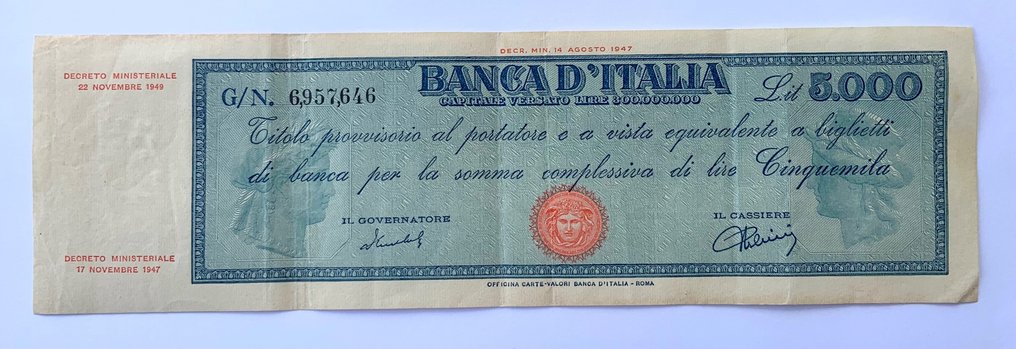 Italien. - 5.000 + 10.000 Lire 1949/1950 - Gigante BI 63E, 72F  (Utan reservationspris) #3.1