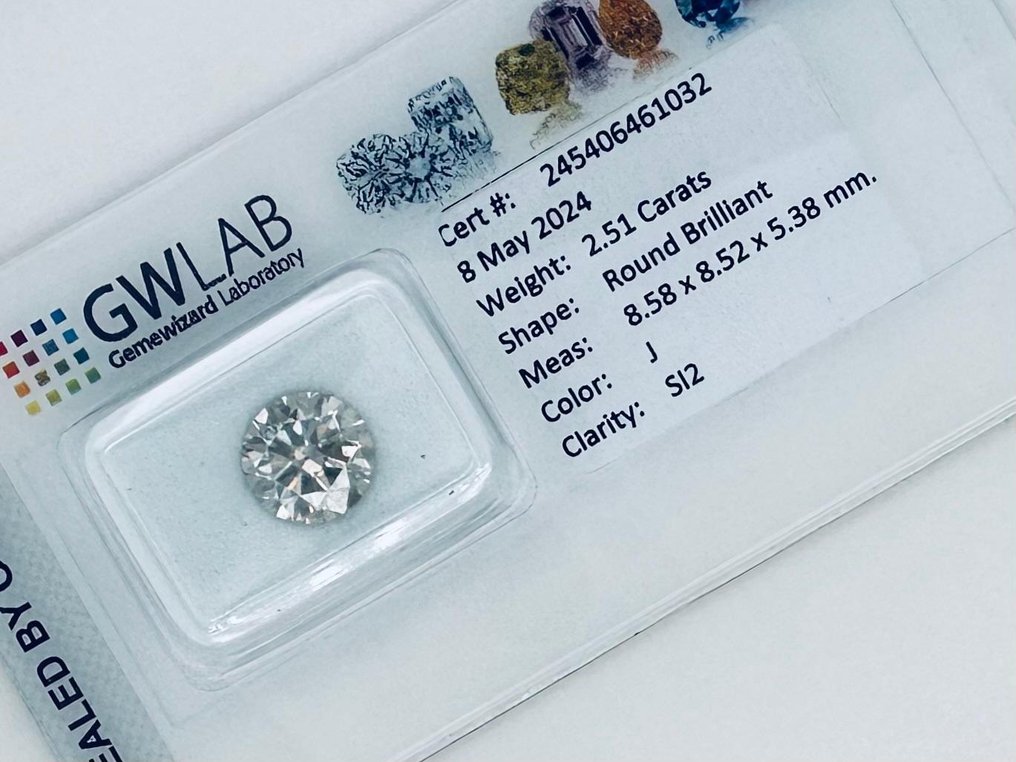 1 pcs Diamant  (Natürlich)  - 2.51 ct - Rund - J - SI2 - Gemewizard Gemological Laboratory (GWLab) #2.2