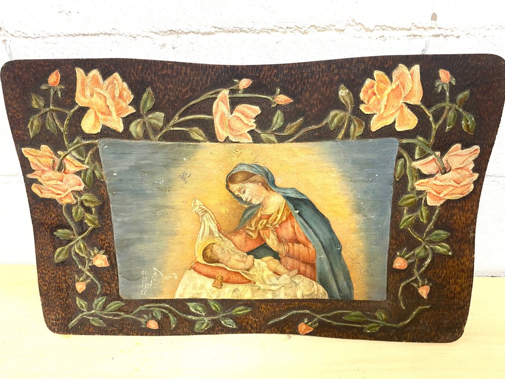  Ex-voto - Représentation de la Madone avec l'Enfant Jésus ex voto - peinte sur panneau de bois - 1900/1940  #1.1