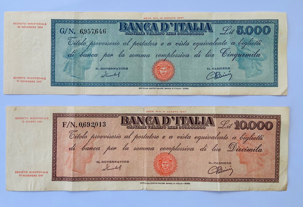 Italien. - 5.000 + 10.000 Lire 1949/1950 - Gigante BI 63E, 72F  (Utan reservationspris) #1.1