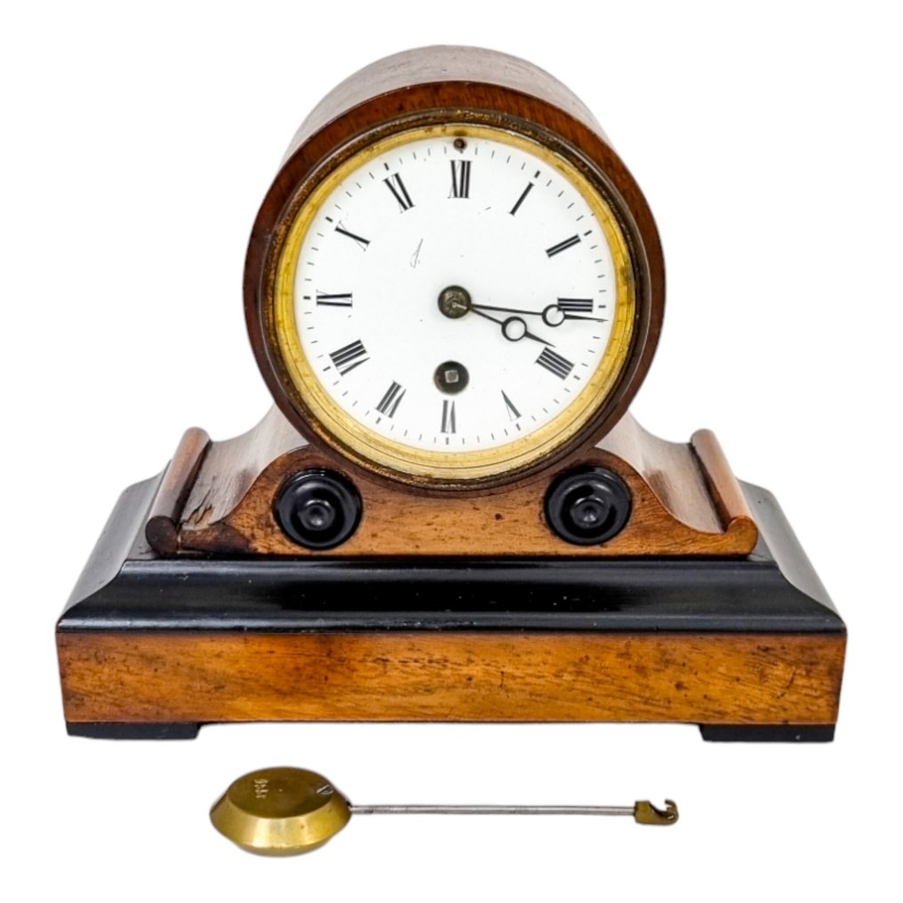 Dobfejű kandallóóra - Vincenti & Cie French Victorian walnut drum cased mantel clock Empire - Diófa, Ében - 1850-1900 #1.1