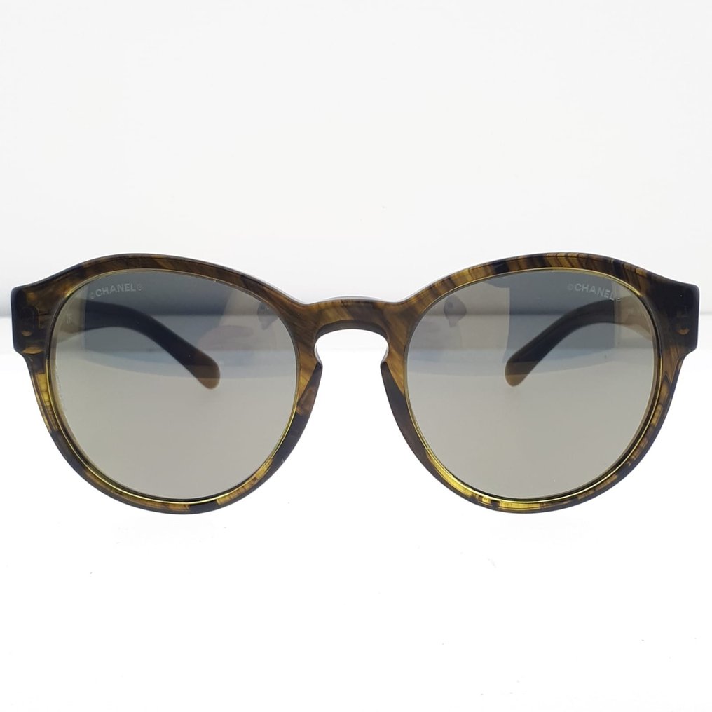 Chanel Round Olive GreenBrown with Black Chanel Logo Temple Details