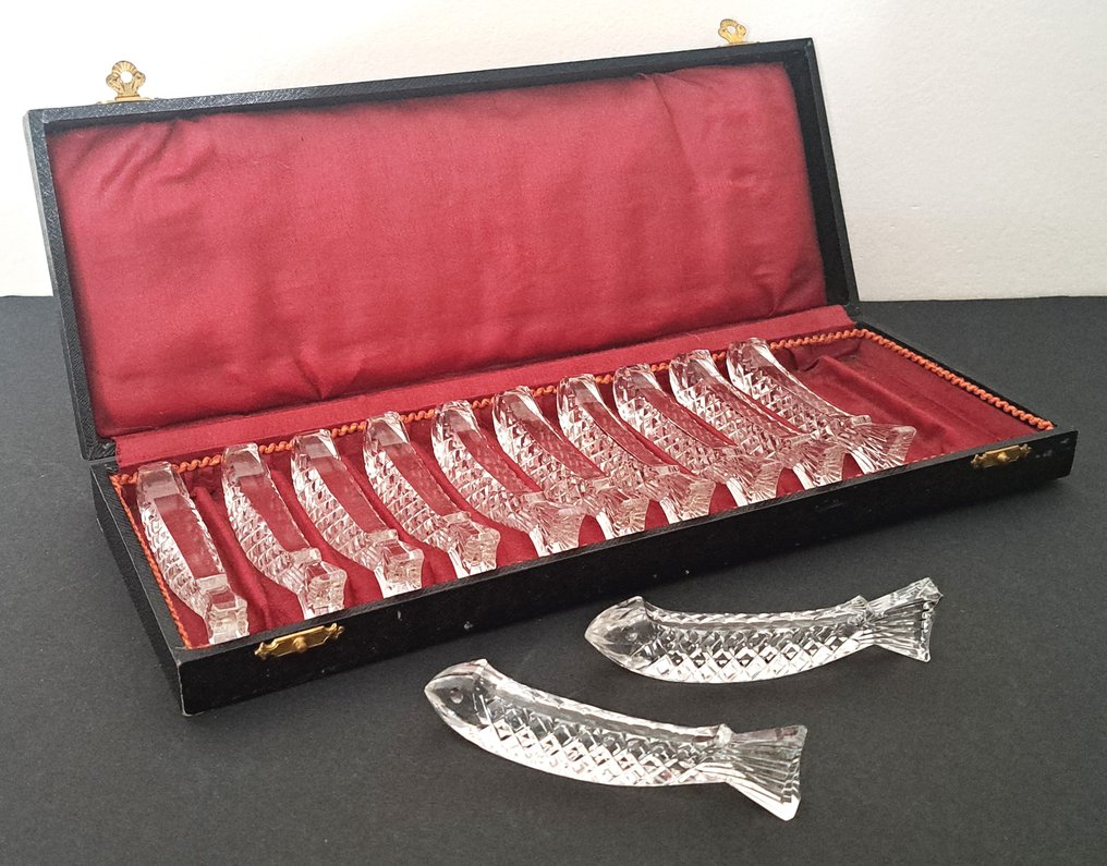 Stojak na noże (12) - Unieke Art Deco kristallen messenleggers in de vorm v/e vis, in originele etui - Kryształ #2.1