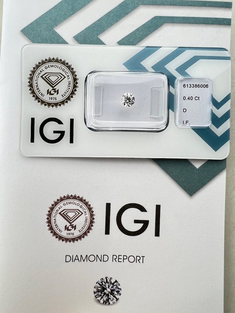 1 pcs Diamond  (Natural)  - 0.40 ct - Round - D (colourless) - IF - International Gemological Institute (IGI) #2.1