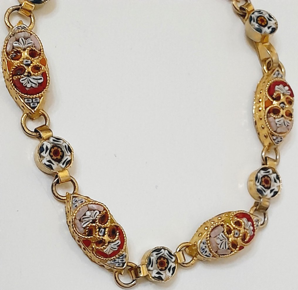 Vintage set (armband och brosch) av italienska Florentino Micro Mosaics - 2-delat smyckeset - "Blommor", "Valmo" #3.2