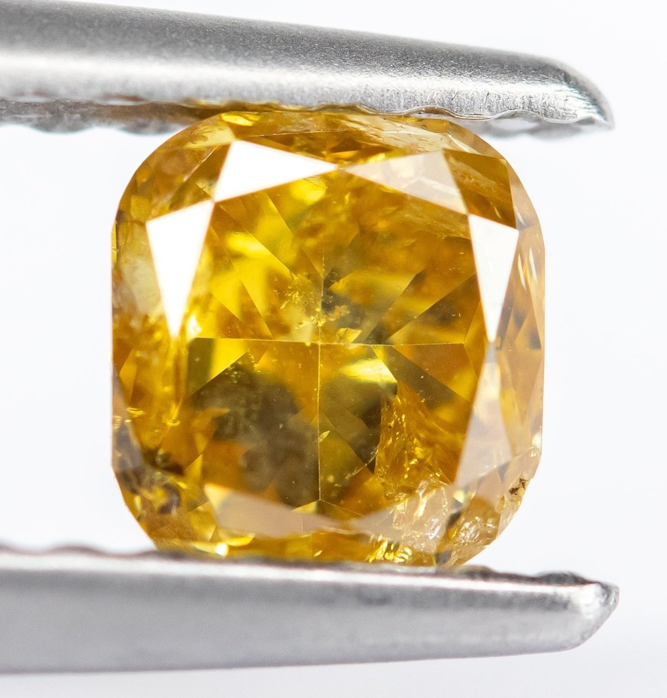 Sem preço de reserva - 1 pcs Diamante  (Colorido natural)  - 0.50 ct - Almofada - Fancy intense Alaranjado Amarelo - I1 - Gem Report Antwerp (GRA) #1.1