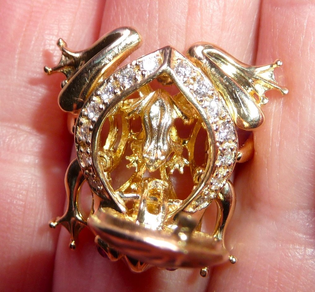 戒指 - 14K包金 黄金 -  0.30ct. tw. 钻石  (天然) - 红宝石 - 有秘密的青蛙 #2.1