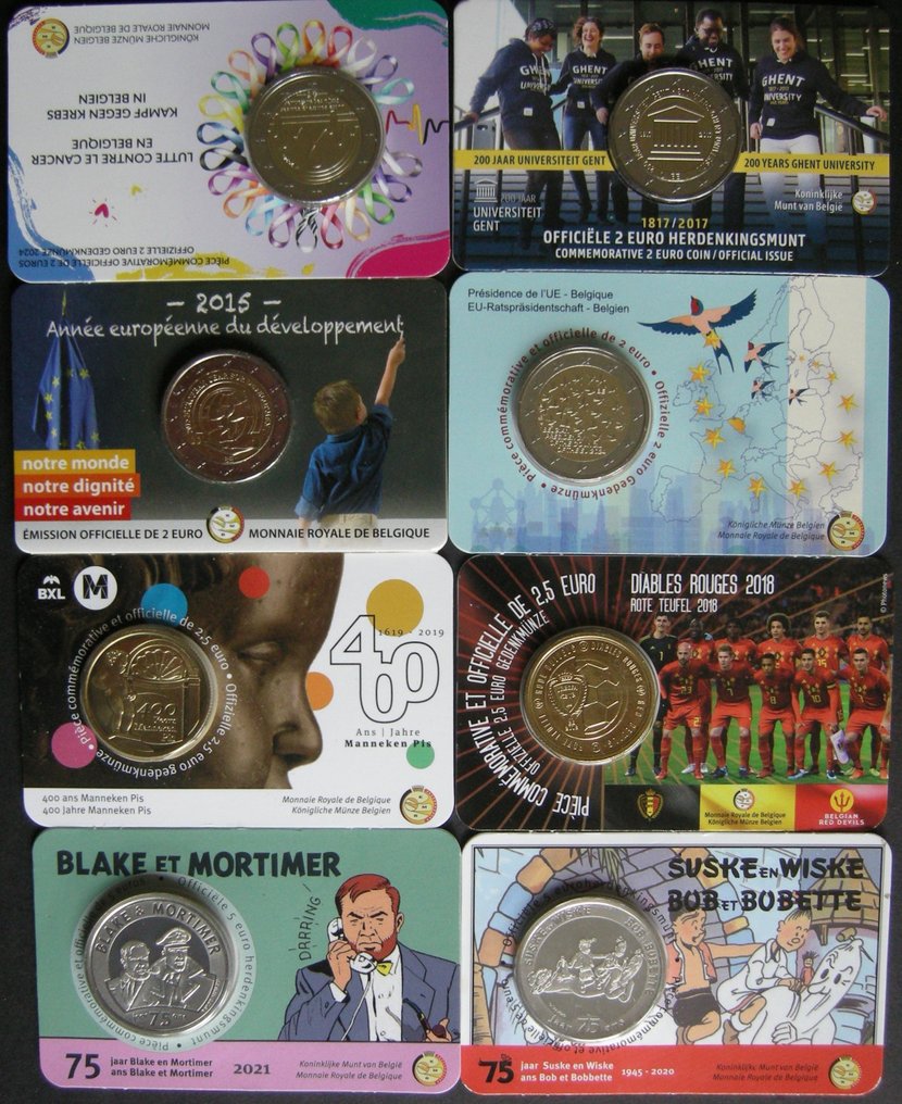 Bélgica. 2 Euro / 2,5 Euro / 5 Euro 2015/2024 (8 coincards)  (Sem preço de reserva) #1.1
