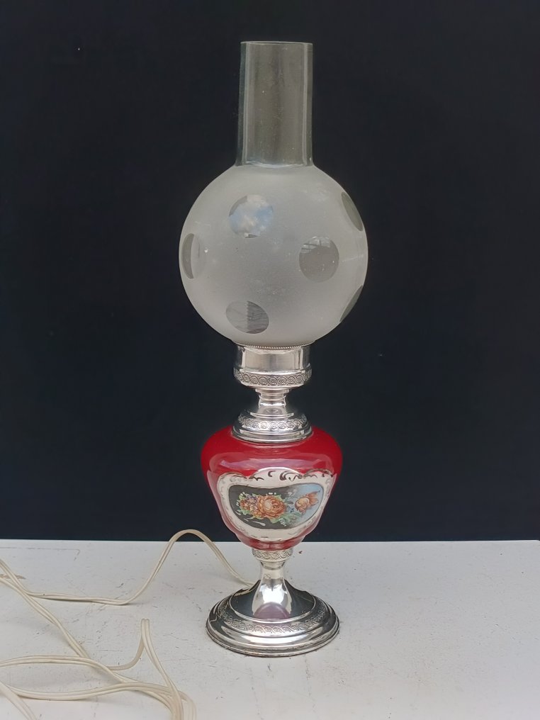 Schreibtischlampe - Elegante Lampe mit 800 Silberpunze, handbemaltes Porzellan mit floralen Verzierungen "Arbeitend" #1.0