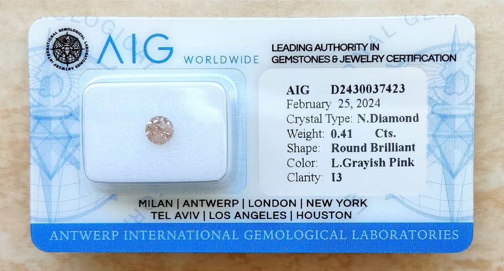 1 pcs Diament  (W kolorze naturalnym)  - 0.41 ct - okrągły - Fancy light Różowy, Szary - I3 - Antwerp International Gemological Laboratories (AIG Izrael) #1.1