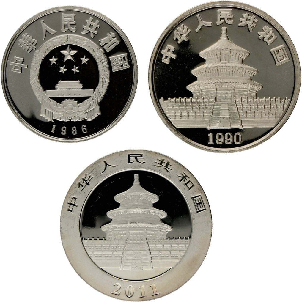 中国. 5 Yuan / 10 Yuan 1986/2011 "Panda" (3 stuks)  (没有保留价) #1.2